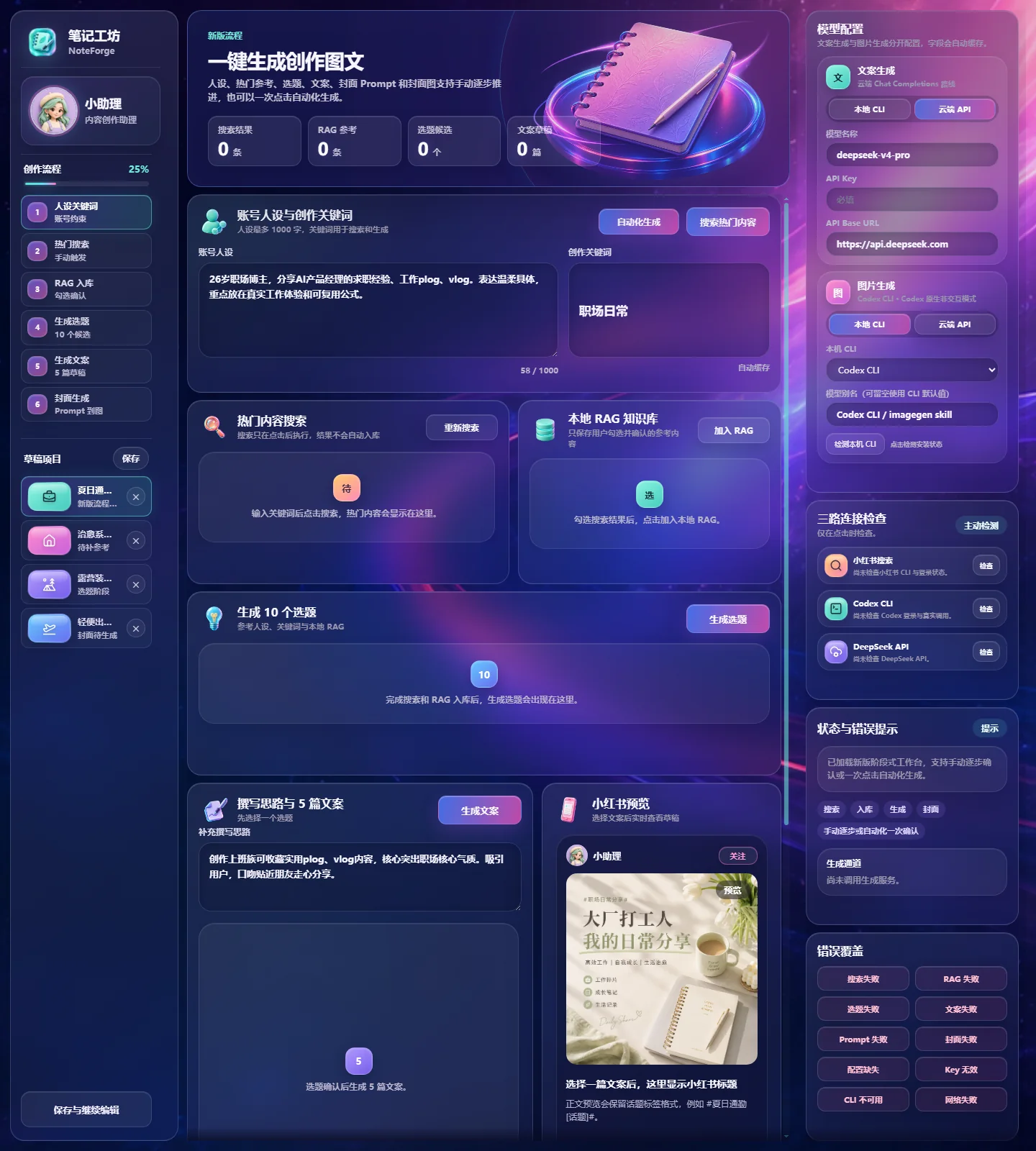 NoteForge 一站式图文创作工作台真实界面